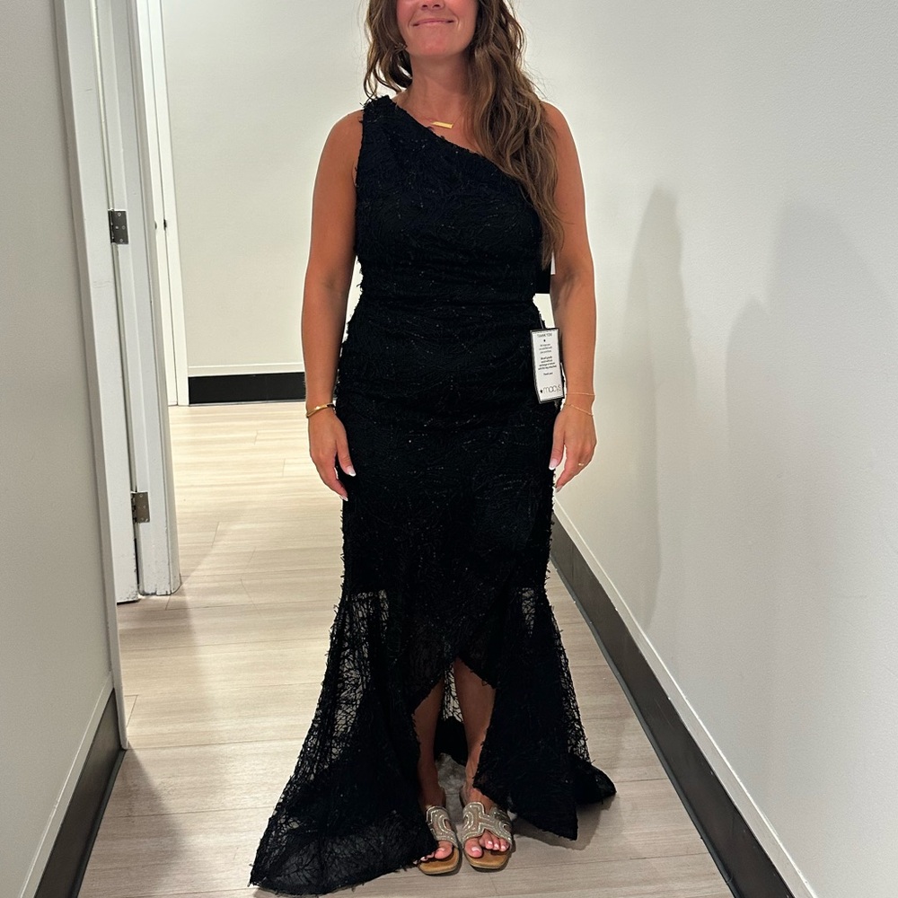 Xscape One Shoulder Black Lace Dress